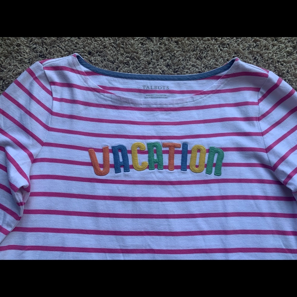 Talbots White Pink Striped Vacation Embroidered Knit  3/4 Sleeve Tee Like New - Picture 6 of 8